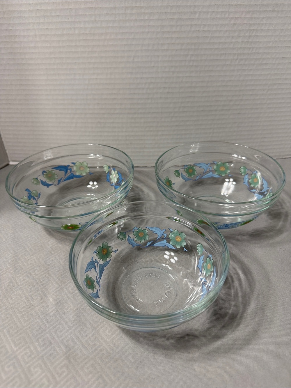 Vintage Imperial Glass Bowls Blue Green Floral Pattern Set of 3 Mid Century